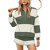 Yanekop Womens Oversized Striped Set Matching Workout Sets Lounge Sets 2 Piece Outfits Half Zip Pullover and Shorts Set