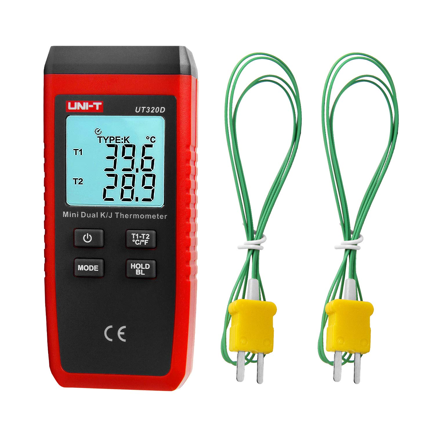 UNI-T K/J Type Thermocouple Thermometer, Dual Channel Digital Thermometer, -58°F to 2192°F, Pipe/Radiator/Probe, UT320D