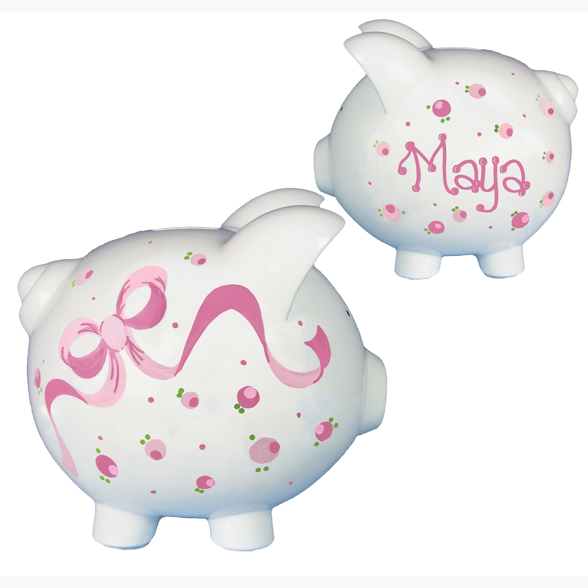 Girl's Hand Painted Personalized Pink Ladybug Piggy Bank Large White  Ceramic piggybank Baby Gift (Pink Bow)