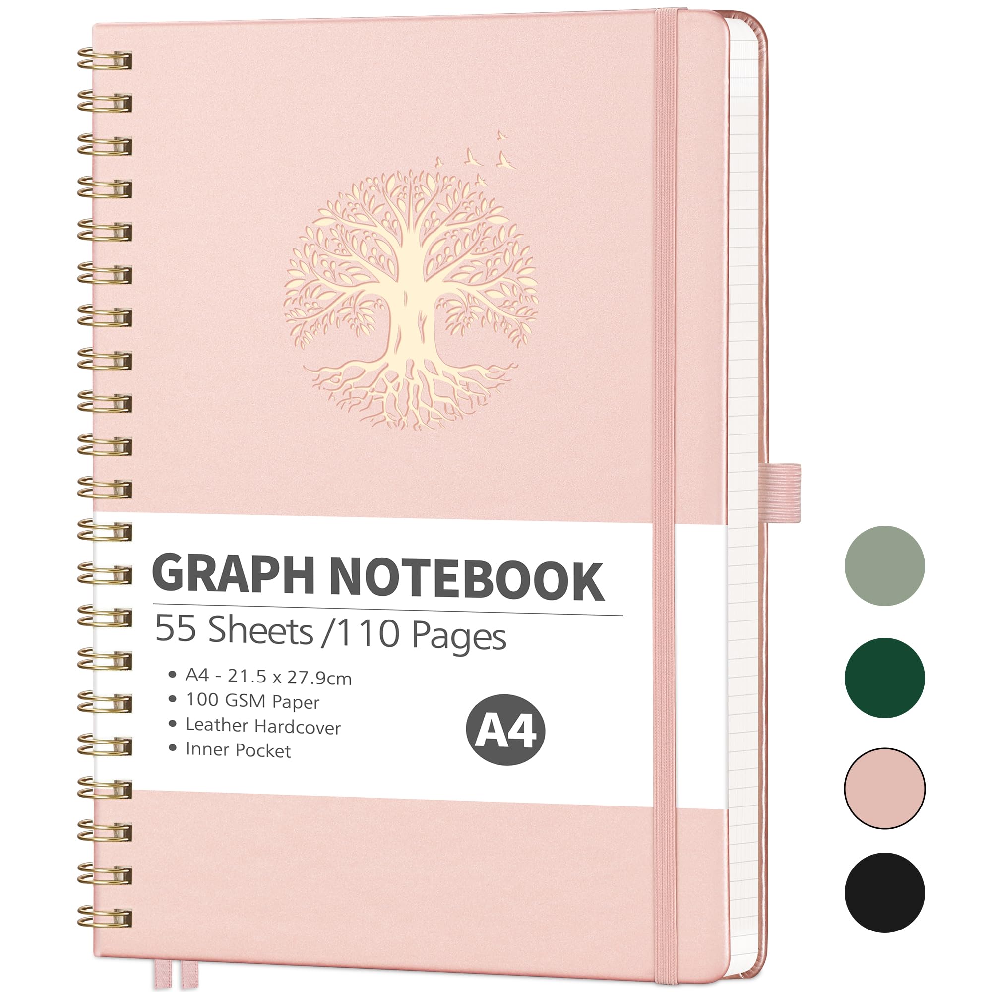 RETTACY A4 Graph Paper Notebook-Large Grid Spiral Notebook Journal for Women,Notepad 110 Pages,Bookmark,Pocket,Sticky Notes,Pen Loop 21.5 x 27.9cm - RoseGold โ image 1