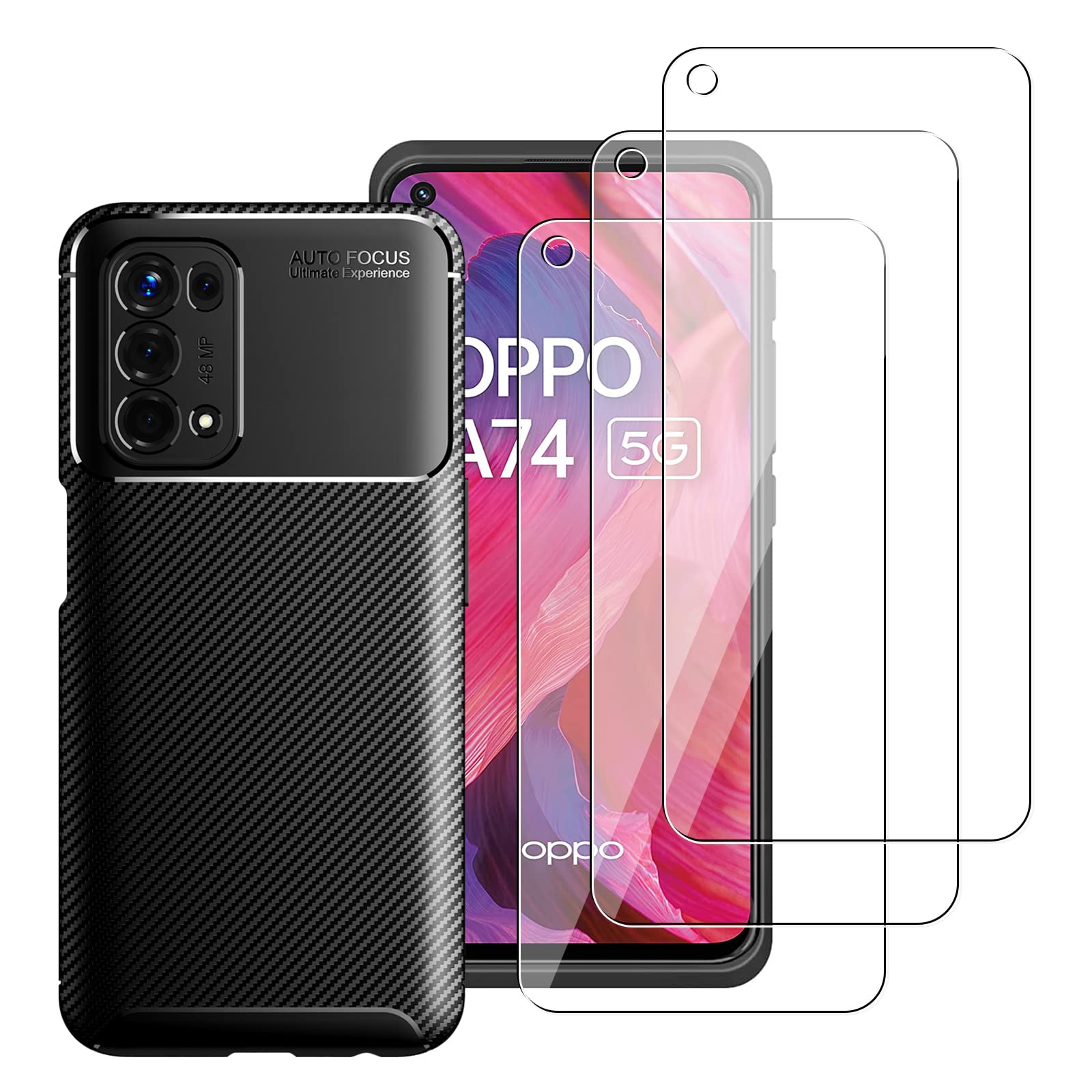 KZIOACSH Case for OPPO A74 5G/OPPO A54 5G with 3 Tempered Glass Screen Protector, Ultra Slim Anti-Scratch Shockproof Phone Case Anti-Drop Rugged Carbon Fibre Bumper Cover for OPPO A74 5G/OPPO A54 5G