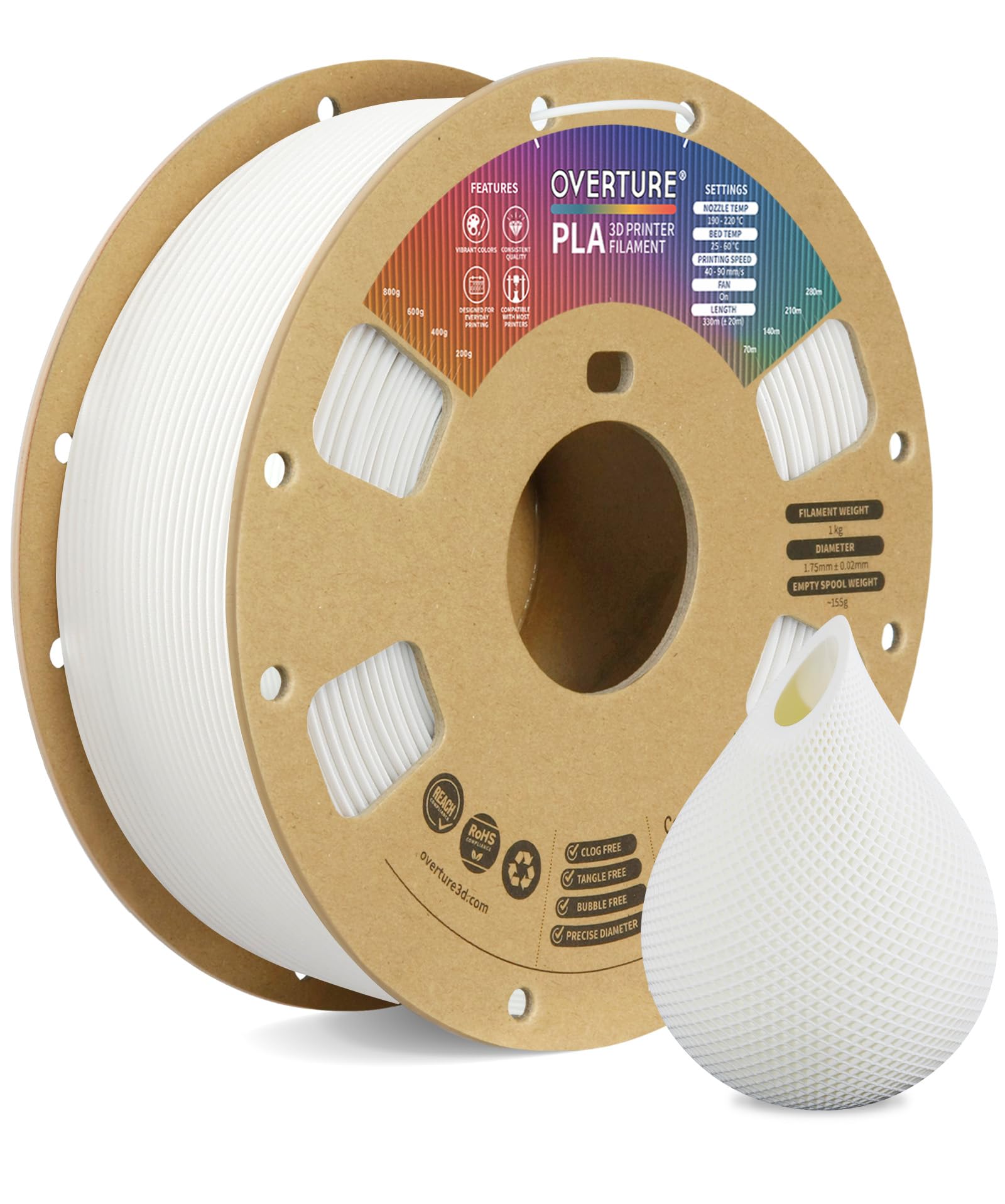 Photo 1 of OVERTURE PLA Filament 1.75mm PLA 3D Printer Filament, 1kg Cardboard Spool (2.2lbs), Dimensional Accuracy +/- 0.02mm, Fit Most FDM Printer (White 1-Pack)