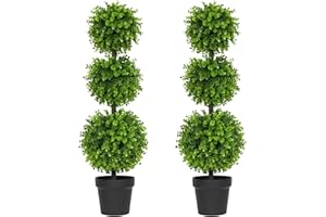 Luyue 3FT Artificial Topiaries 2 Pack Boxwood Ball Tree Front Porch Decor Outdoor Topiary Plant Set of 2 Faux 3 Balls Boxwood Topiary in Pot for Outdoor Front Door Plant Patio and Garden Décor