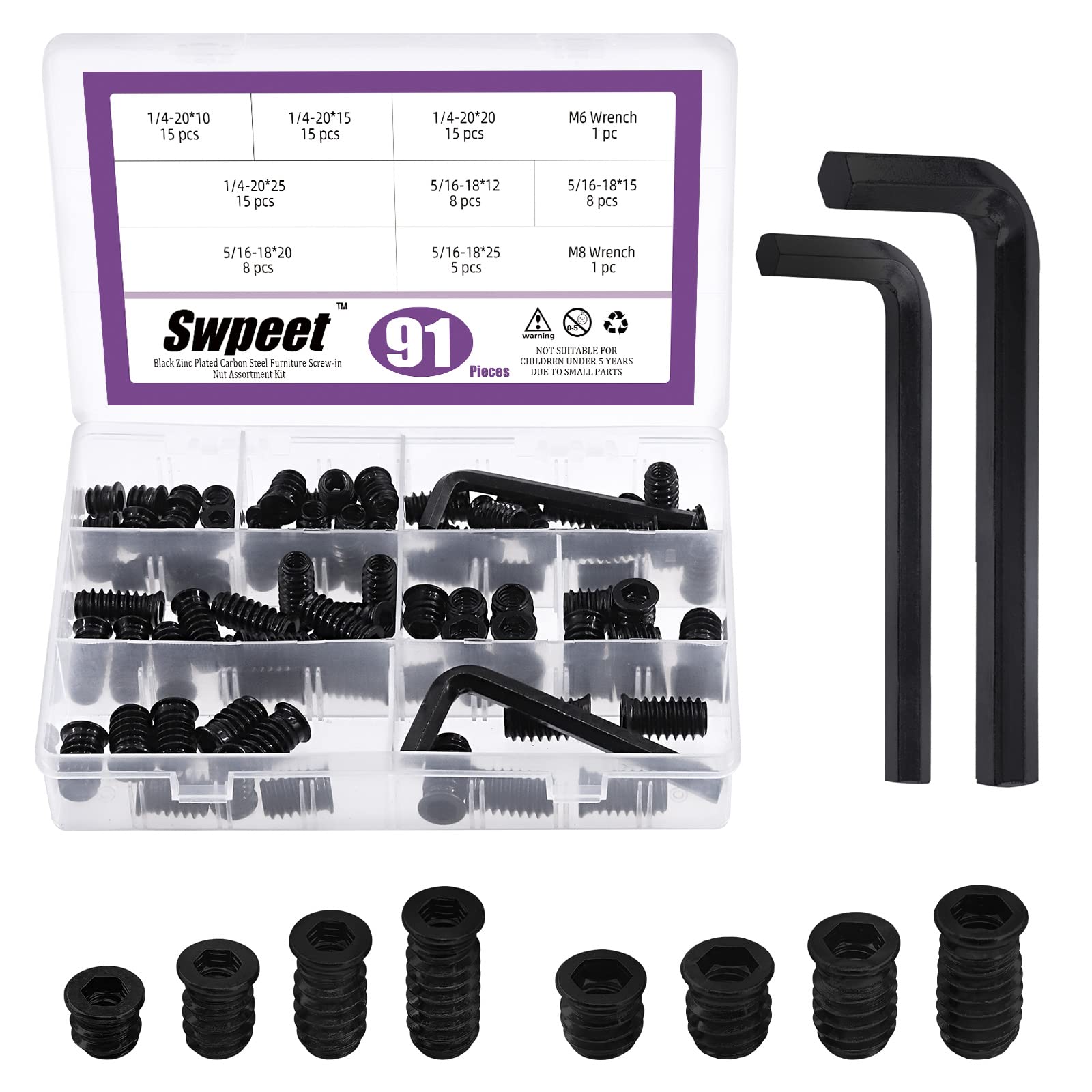 Swpeet S2522 91Pcs 1/4 inch + 5/16 inch Black Zinc Plated Carbon Steel Carbon Furniture Screw in Nut Threaded Wood Bolt Fastener Connector Hex Socket (1/4 inch + 5/16 inch Assortment Kit)