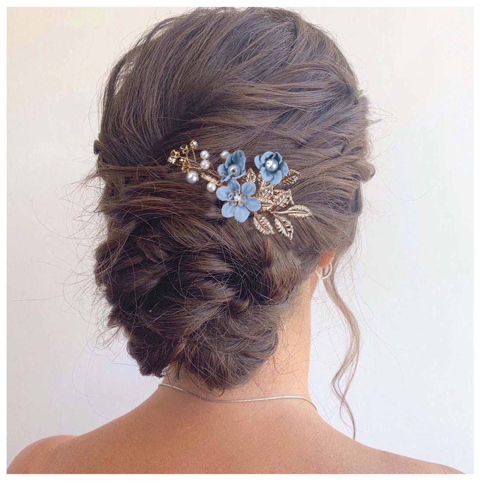 Cimenexe Bohemian Crystal Flower Hair Comb Pearl Flower Hair Barrette Gold Leaf Headpiece Vintage Pearl Headwear Hairpiece Decorative Wedding Comb Hair Accessories Jewelry for Women and Girls Gifts