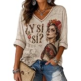 Women's Mexico Day of The Dead Art Print Casual Shirt Sugar Skull Tee | Mexican Day Of The Dead Tshirt Dia De Los Muertos Floral Sugar Skull Graphic Tees Day Of The Dead Costumes Halloween Tshirt