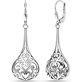 LeCalla 925 Sterling Silver Leverback Drop Earrings | Lightweight Celtic-Knot Filigree Heart Teardrop Dangle Earring for Women's Gift for Her