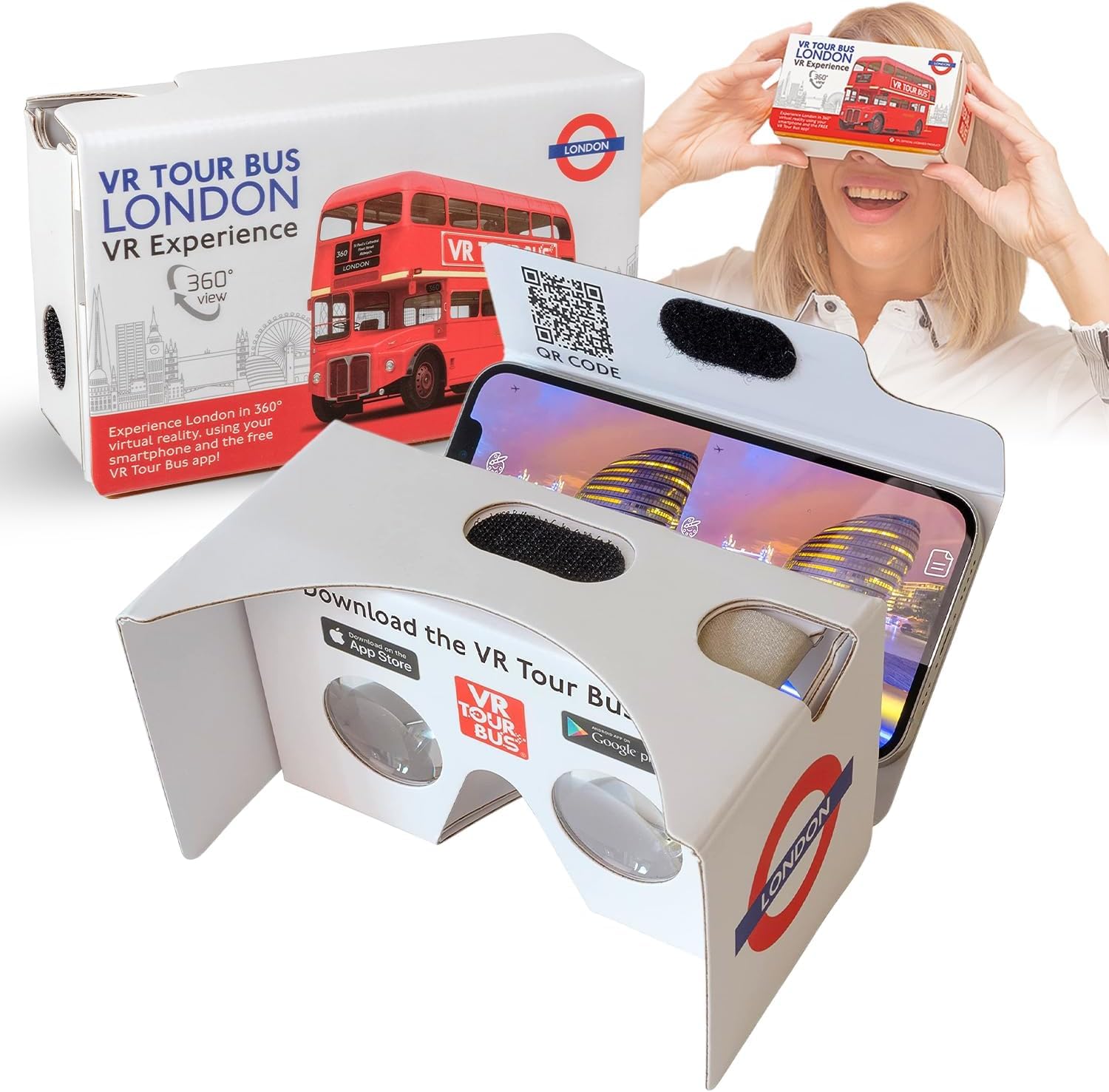 Official VR Tour Bus virtual reality viewer, with 360° VR tour of London smartphone app. Transport for London (TfL) Licensed Product. Inspired by Google Cardboard. London guide, souvenir, gift, toy.