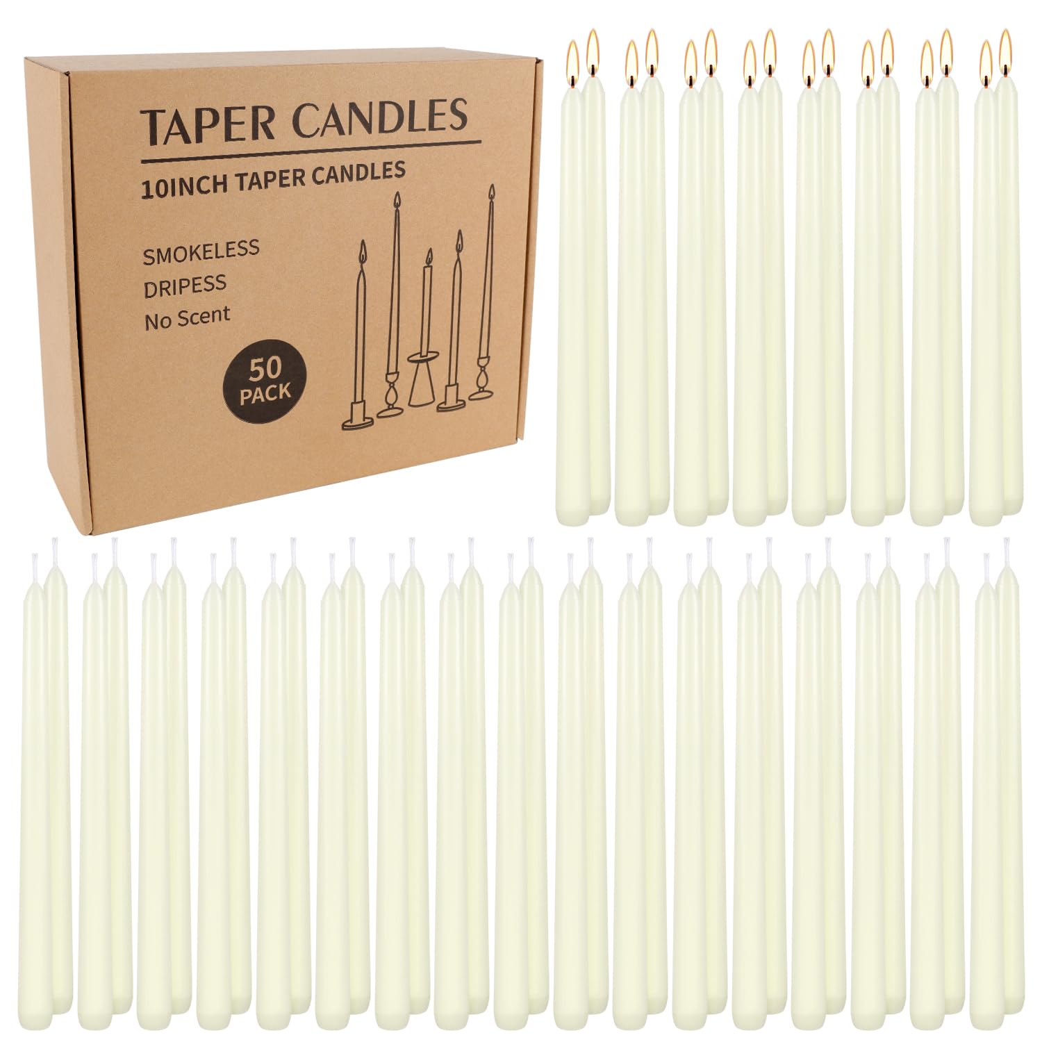 WPONSZU 50 Pack Ivory Taper Candles, 7-8 Hours Burn Time, Unscented, Smokeless and Dripless, 4/5 x 10 Inch for Christmas,Household,Dinner,Wedding,Valentine's Day,Party and Home Décor Candlesticks Image