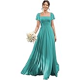 YMSHA Short Sleeves Chiffon Bridesmaid Dresses with Slit Long A Line Square Neck Formal Party Dress with Pockets CLN012