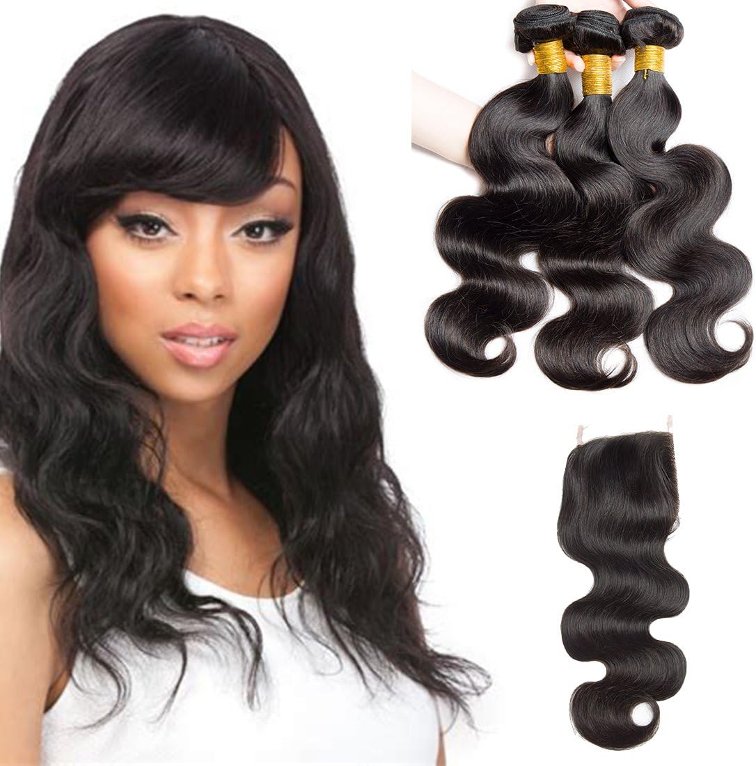 Brazilian Human Hair Bundles VIPbeauty Body Wave Bundles with Closure Natural Color 100% Human Hair Extensions Natural Color Human Hair Weave Remy Hair Bundles(16 18 20+14)
