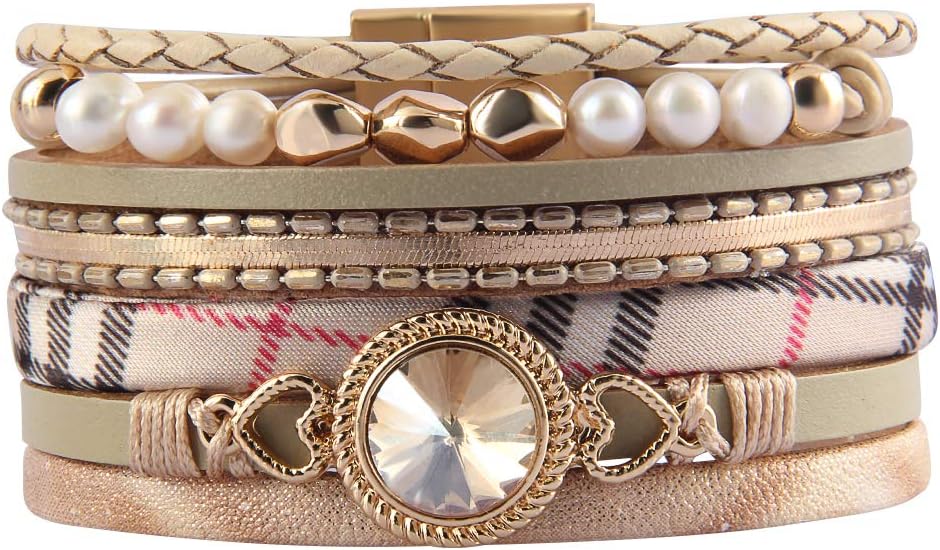 GelConnie Heart Leather Cuff Bracelet Multi Strand Wrap Around Bracelets Magnetic Boho Bangle Bohemian Jewelry Gift for…