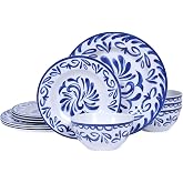 12 Pcs Melamine Plates and Bowls Set - Artistic Blue &amp; White Dinnerware Set | Dish Set Service for 4, Lightweight Melamine Dishes Set for Indoor and Outdoor Use，Unbreakable Plates for Party, Blue Floral