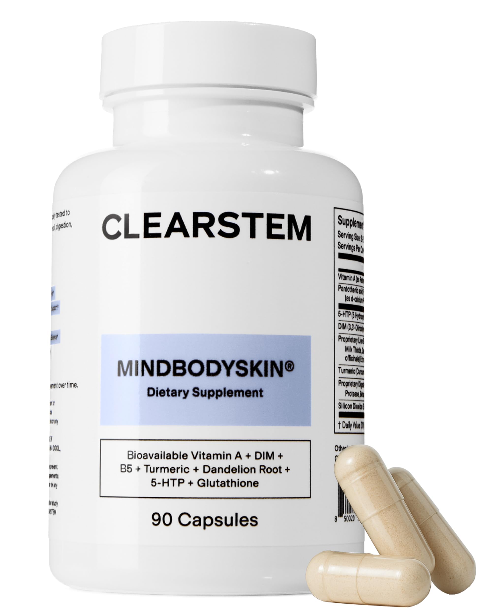 CLEARSTEM - MINDBODYSKIN Hormonal Acne Supplement (5-HTP) - Natural DIM Supplement - Skin Care Vitamins - Hormone Balance, Antioxidants - Gluten Free, Cruelty Free - 30 Servings, 90 Capsules