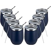 MEWAY 12oz/8 Pack Wine Tumbler Glasses with Lid - Stemless Double Wall Vacuum Stainless Steel Travel Tumbler - Keeping Cold & Hot for Wine,Coffee,Cocktails,Drinks-Family and Gifts (Navy,Set of 8)