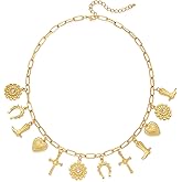 MYCUTEY 14K Gold Charm Necklace For Women With Adjustable Chain Link Stylish Choker Necklace With Multi-Pendant