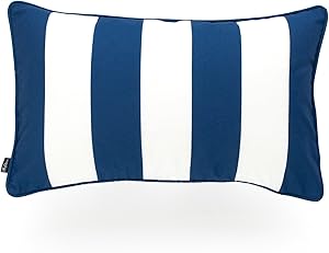 Hofdeco Indoor Outdoor Lumbar Pillow Cover ONLY, Water Resistant for Patio Lounge Sofa, Navy Blue White Stripes, 12"x20"