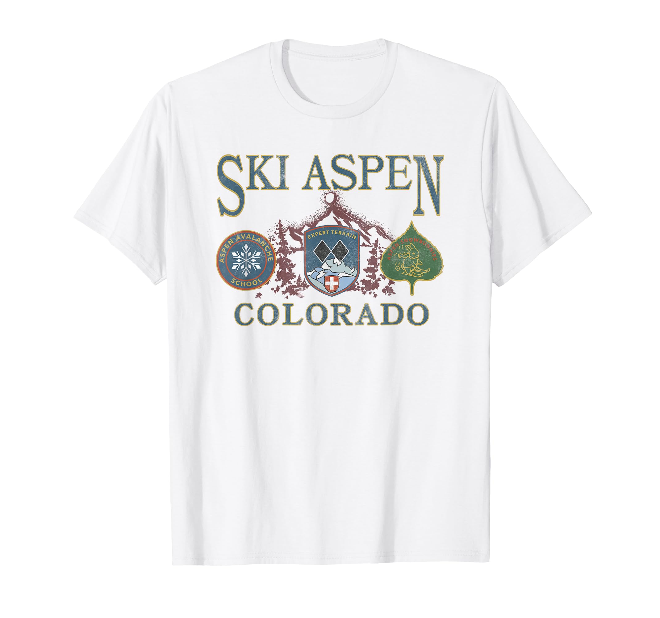 Ski Aspen Colorado Badges, Mountain Scene T-Shirt