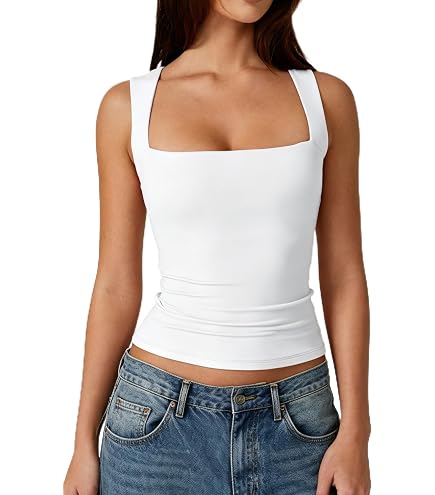 QINSEN Lace Top for Womens Square Neck Slimming Fit Lace Trim Cami