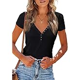 PRETTYGARDEN Women's Summer Casual Henley T-Shirts Short Sleeve V Neck Button Up Ribbed Knit Slim Fit Basic Tops