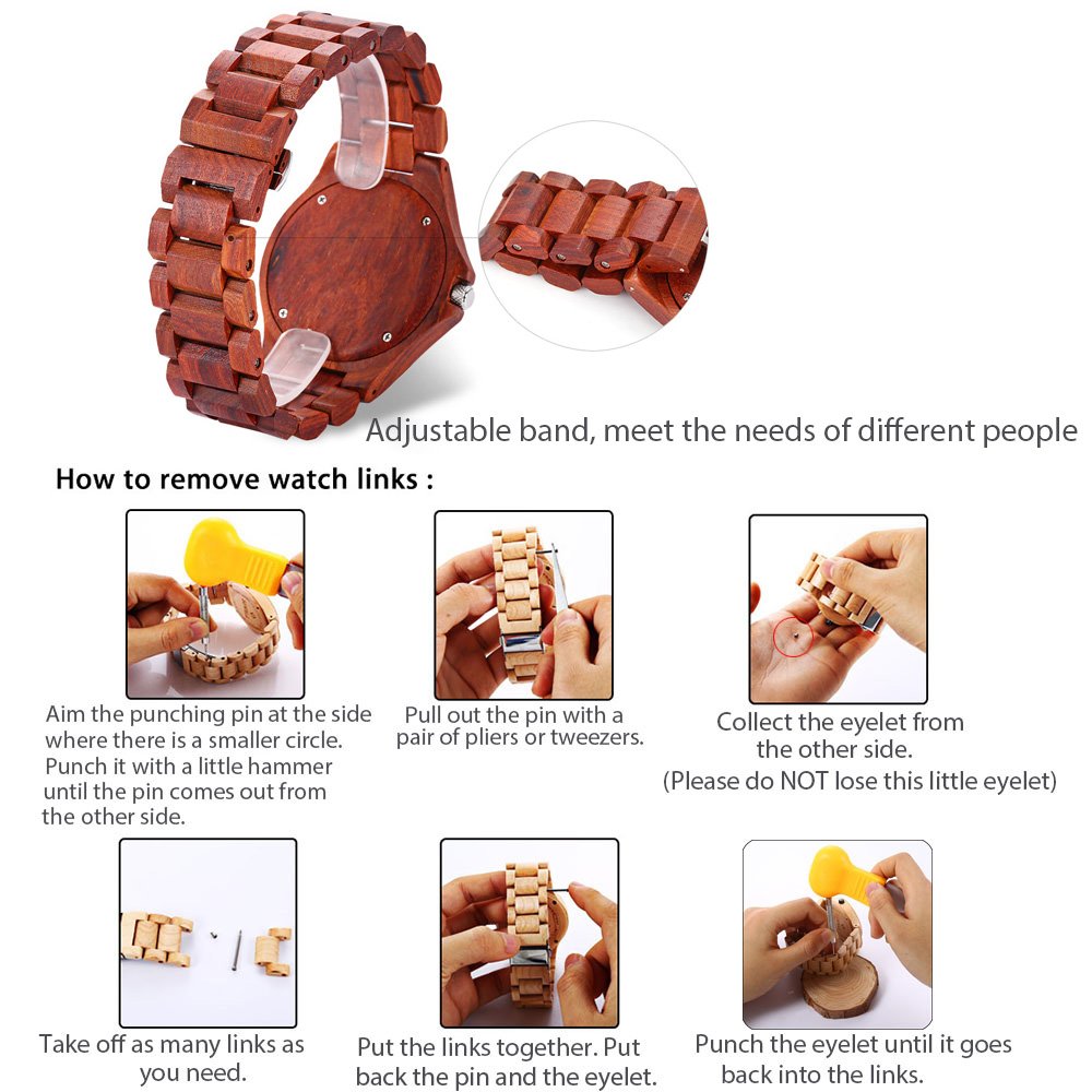 GBlife BEWELL ZS-100BG Mens Wooden Watch Analog Quartz Movement with Date Display Retro Style … (Red)