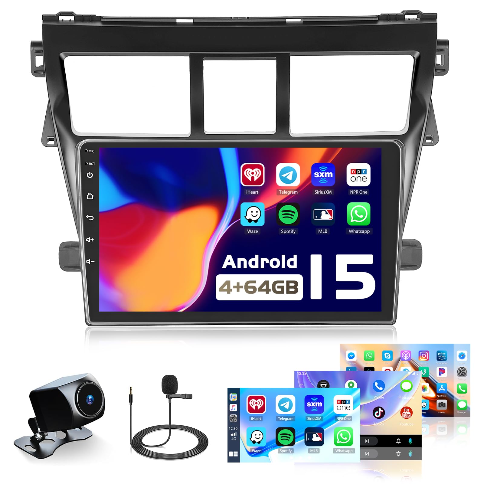 Photo 1 of Car Stereo Radio for Toyota Yaris Vios 2007-2013, 4+64G 9 inch Touch Screen for Yaris Head Unit Radio with Wireless Carplay Android Auto, Bluetooth5.0, 32EQ, 1280 * 720P, GPS, WiFi, Backup Camera