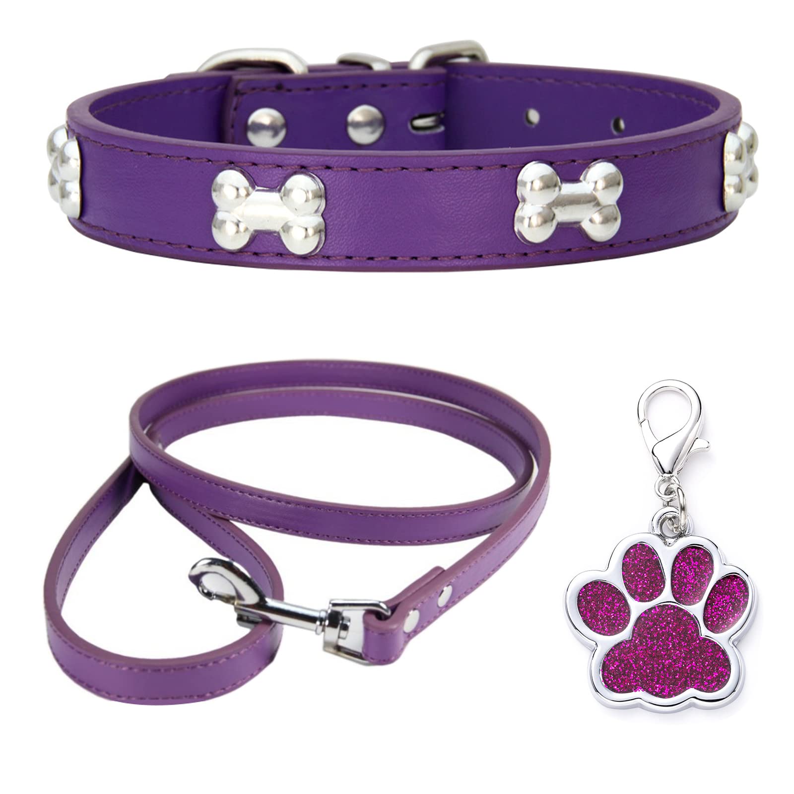 HALFSUMO Leather Dog Collar Dog Collar Combo Set Dog Collars Adjustable Puppy Collar for Small Medium Dogs Cats Purple XS