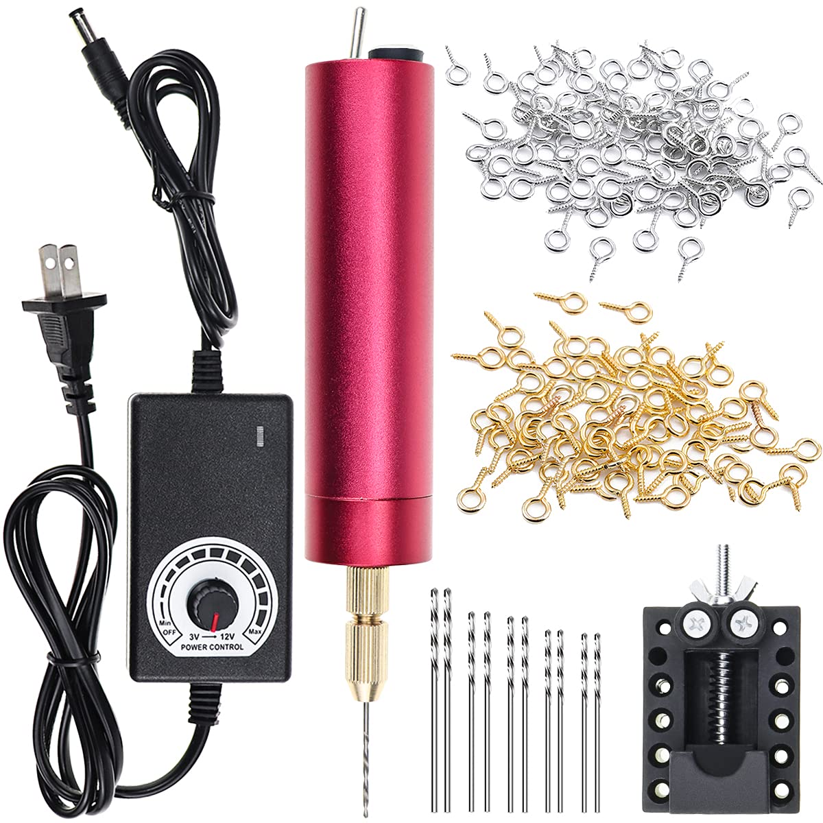 Resin Drill Set, Pin Vise Electric Mini Drill, Adjustable Speed Twist Drills Bits (0.8-1.2mm) and 2 Colors Screw Eye Pins