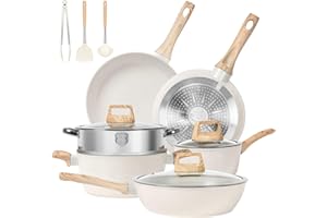 SODAY Pots and Pans Set Non Stick, 12 Pcs Kitchen Cookware Sets Induction Cookware Granite Cooking Set with Frying Pans, Saucepans, Steamer Silicone Shovel Spoon & Tongs (White)