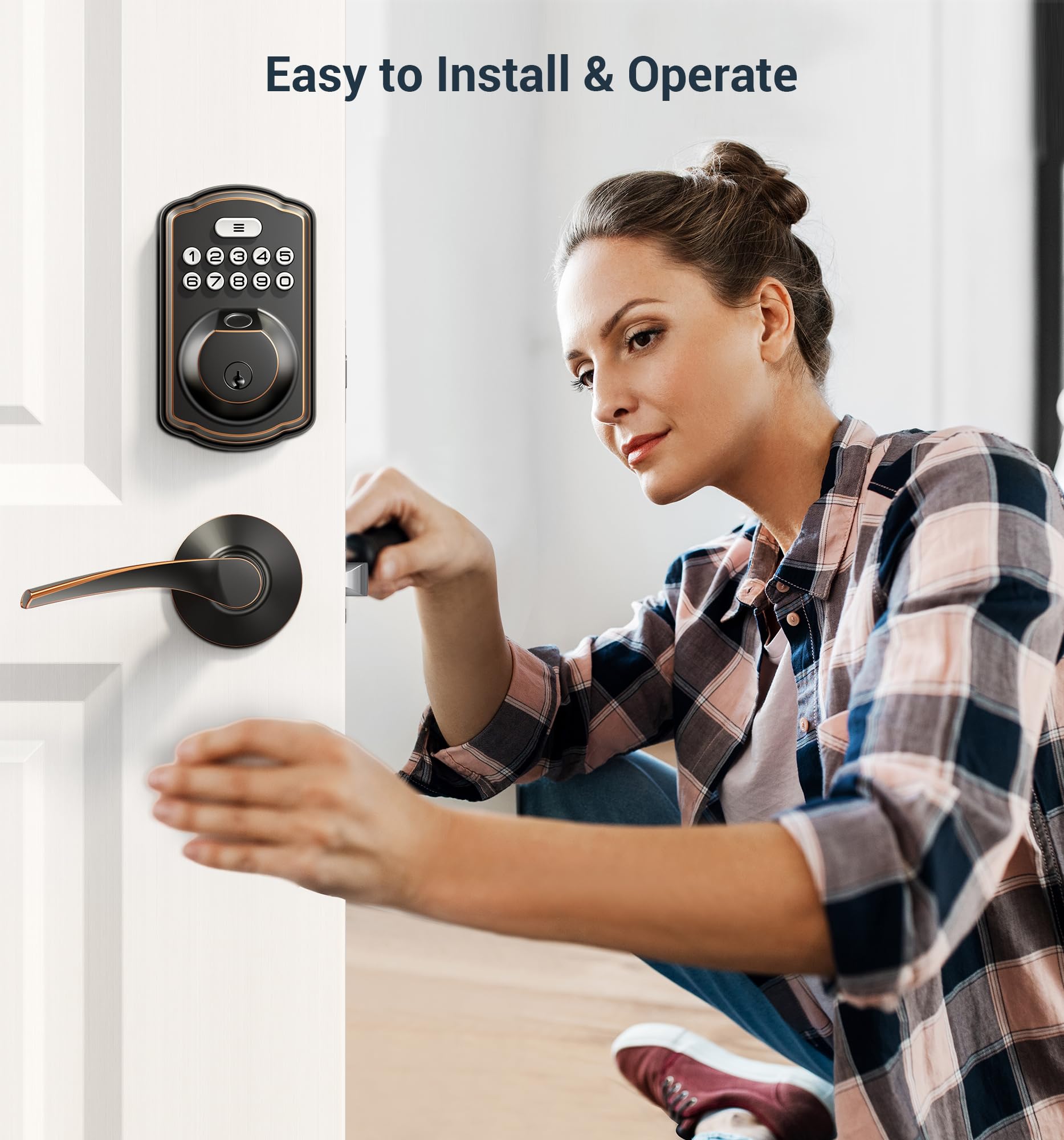 Veise Fingerprint Door Lock with 2 Lever Handles - Keyless Entry Door Lock, Electronic Keypad Deadbolt, Digital Smart Code & Front Handle Sets, Auto-Locking, Easy Installation, Oil Rubbed Bronze