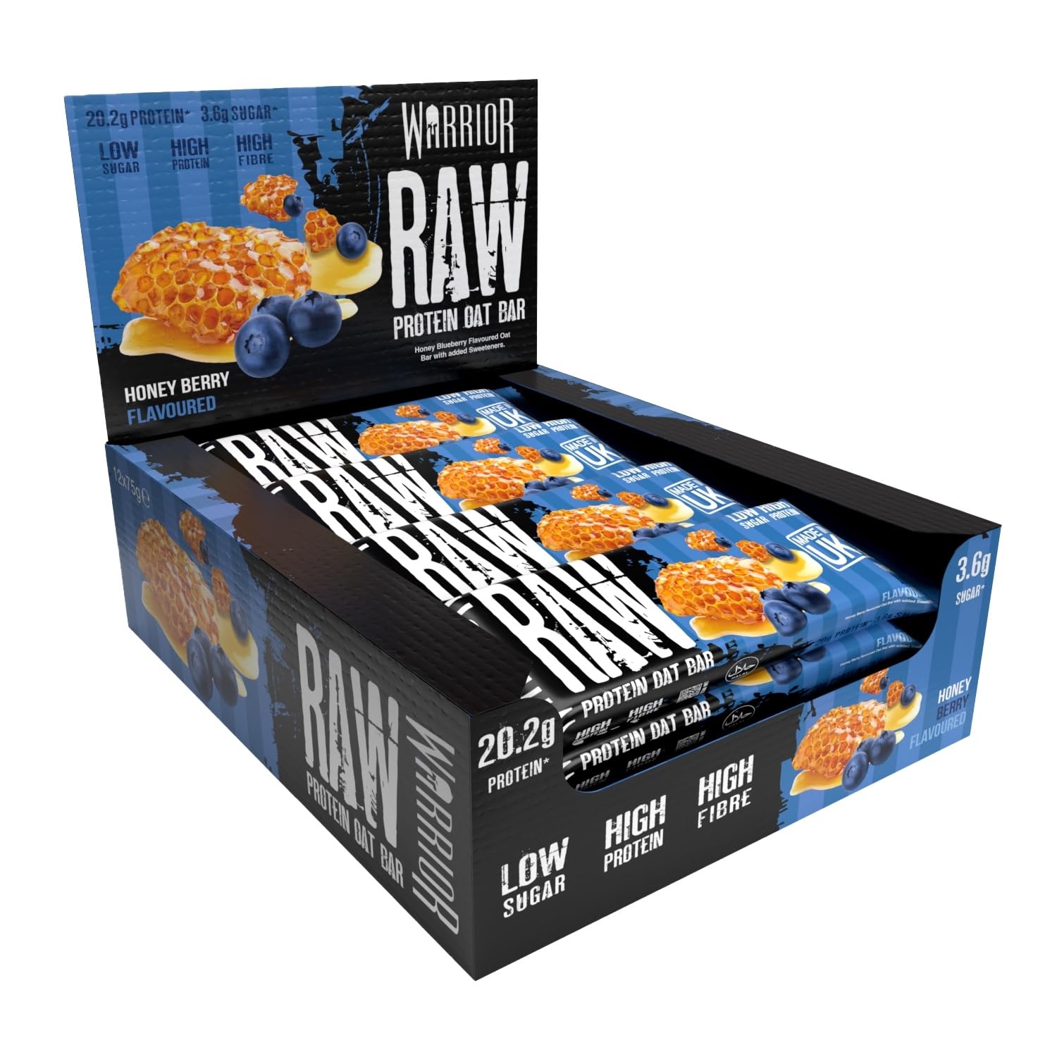 Warrior Raw Protein Bars – 20g Protein Per Bar – High Protein Snack Bars Multipack (12 or 24 Bars, 75g Each) – Low Sugar, High Fibre Breakfast & Meal Replacement Bar – Honey Berry Flapjack