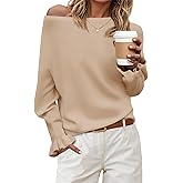 Saodimallsu Womens Boat Neck Batwing Sweaters Dolman Ruffle Long Sleeve Off Shoulder Fall Loose Knit Pullover Tops