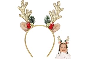 KINYFY Gold Christmas Headband, Glitter Reindeer Antler Hairband, Christmas Elk Antler Headbands for Women Girls Xmas Costume Party Accessories