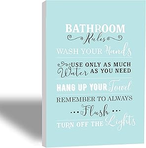 Canvas wall art for Bathrooms Vintage Teal Farmhouse rustic half bath decoration framed Aqua bathroom rules sign in Turquoise decor (10Wx14L)