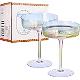 Iridescent Coupe Glasses, Martini, Champagne Cocktails, Vintage Art Deco | Set of 2 | 7.1 oz Stemmed Classic Manhattan Glasses For Speakeasy, Cocktail, Margarita, Ripple Coupes, Gatsby, Crystal Stems