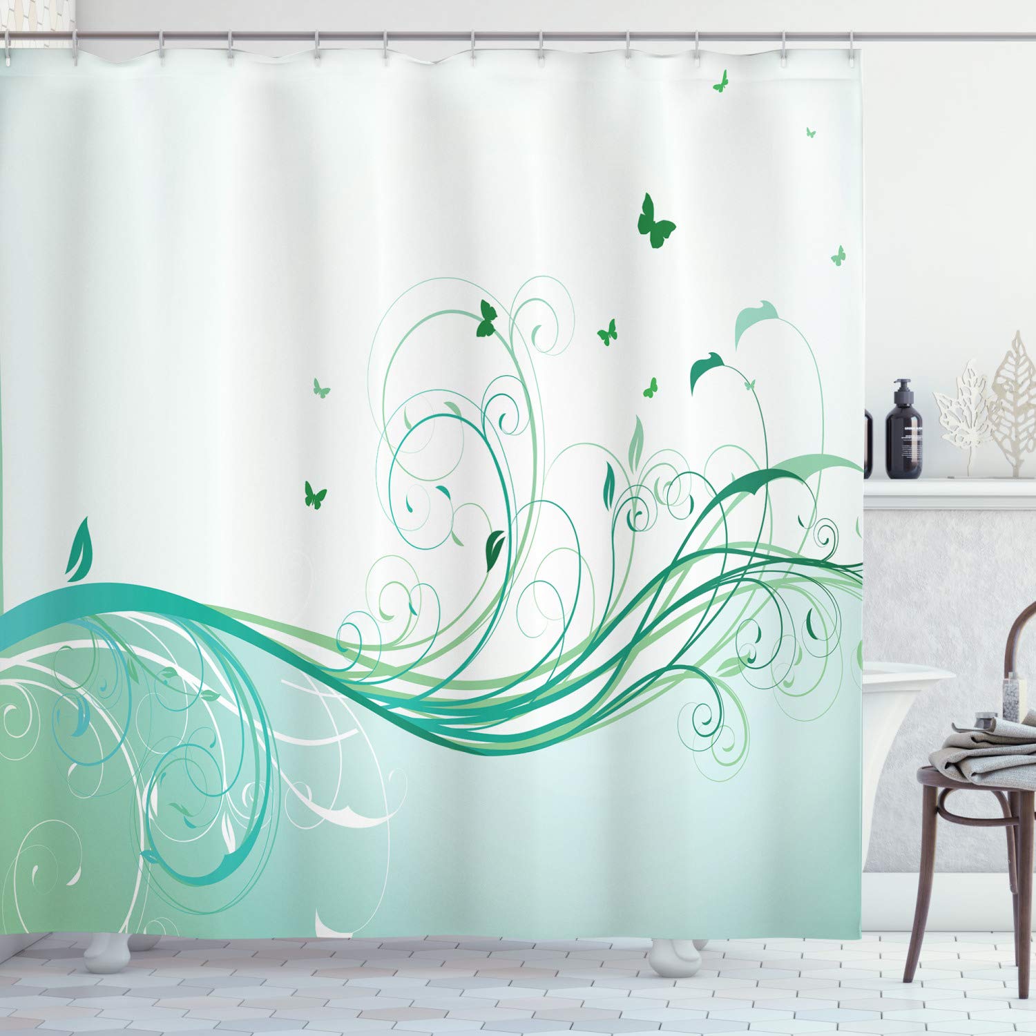 ABAKUHAUS Turquoise Shower Curtain, Illustration Floral Victorian Style Curvy Lines Wave Butterfly Design, Cloth Fabric Bathroom Decor Set with Hooks, 94 Inches, Pale Green Mint Green