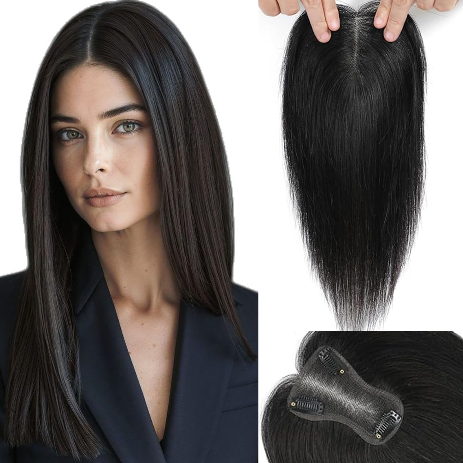 Hair Toppers for Women 10 Inch Hairpieces No Bangs Hairline Topper Wiglets Hairpieces for Thinning Hair Swiss Base Natural Black（1B）