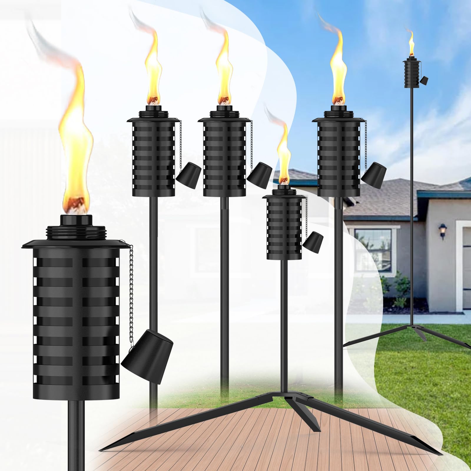 Photo 1 of ***(2 DIFFERNT STYLES)***FAN-Torches 6 Pack Garden Torch with Tripod Footprint, 55 Inch Outdoor Metal Torch Garden Décor, Upgraded Home Citronella Torches, Metal Light Torches for Any Yard, Pathway, Backyard ***(2 DIFFERNT STYLES)***