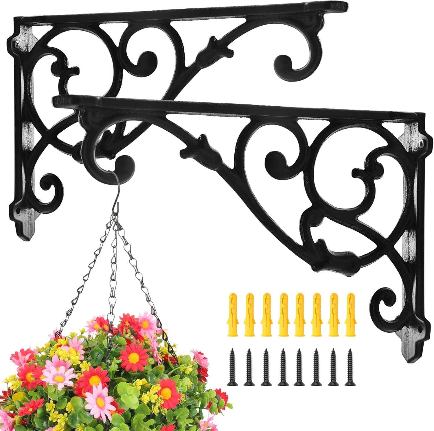 Outdoor Hanging Brackets - rumdraw Hanging Planter Brackets 11-Inch 2 Pcs, Black Iron Planters Hook Indoor/Outdoor Planter Hanger Hooks，Outdoor Hanging Brackets Wall Hook Heavy Duty Planter Brackets