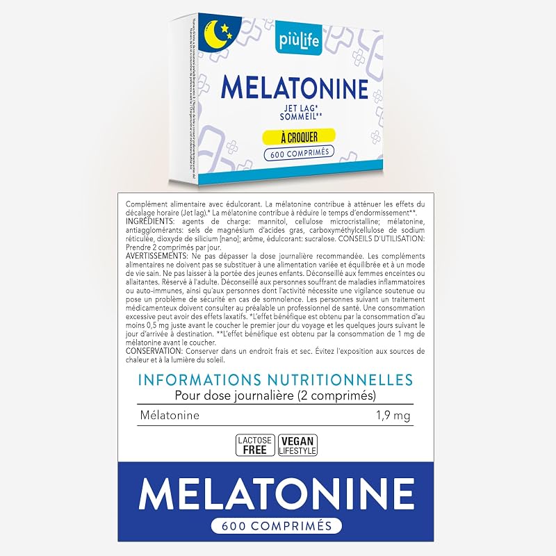 Melatonine 1,9 mg pour Bien Dormir PiùLife Sommeil Adulte, 600 Comprimés