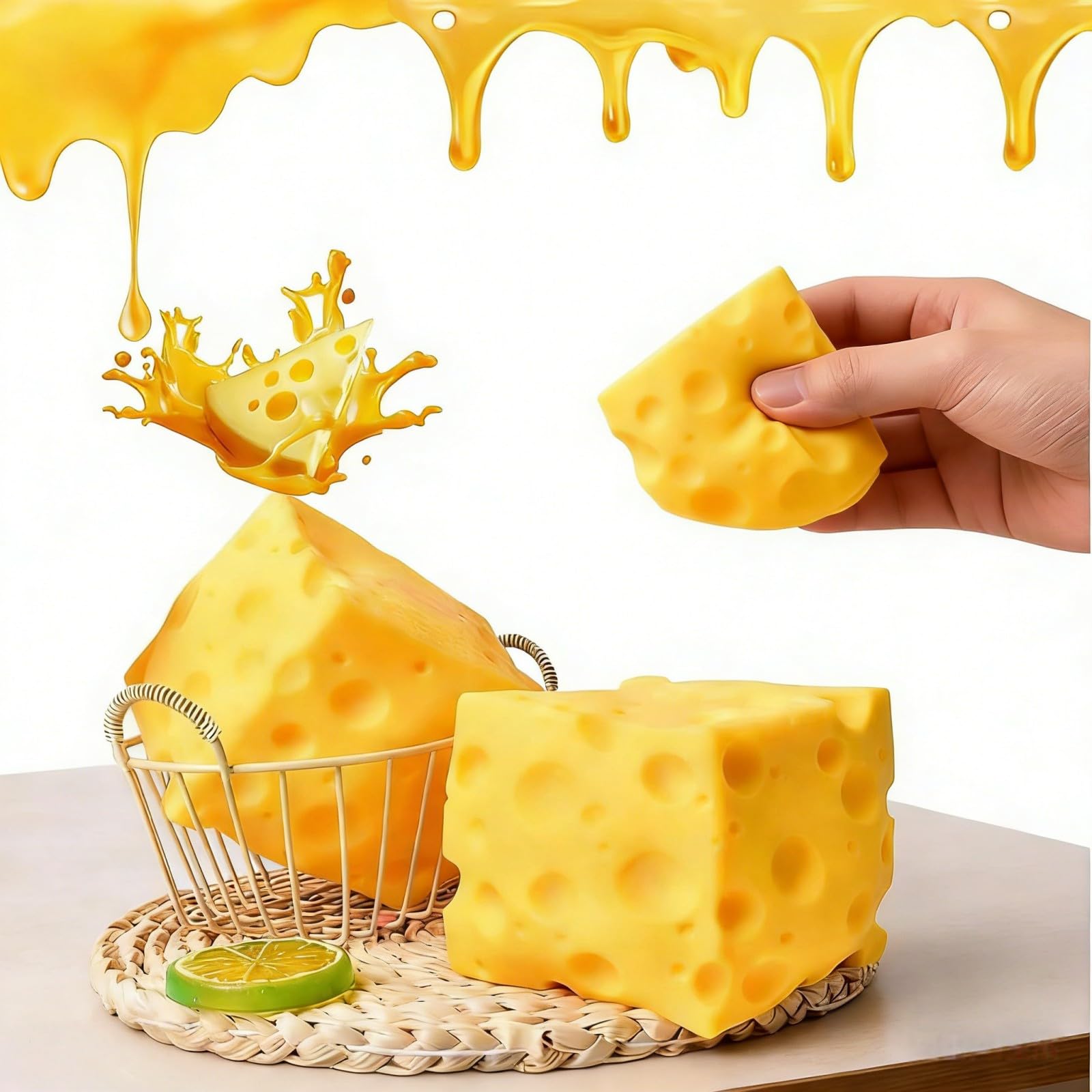 3 Pcs Cheese Squishy Stress Ball – Realistic Cheese Fidget Toy, Soft Anxiety Relief Sensory Toy for Adults & Kids, Portable Squishy Cheese for Office, Home & Travel