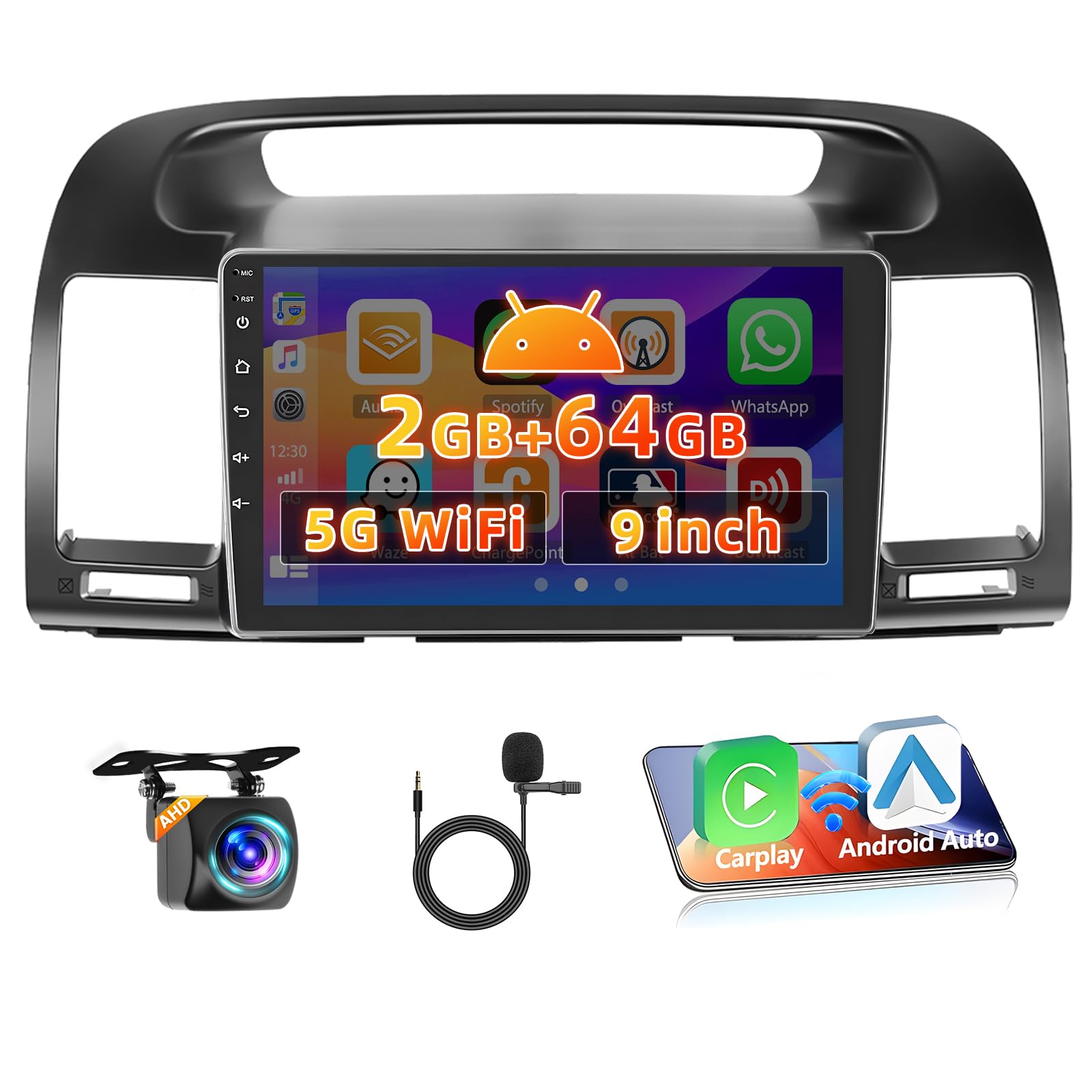 Photo 1 of [2+64G] Hikity Android 15 Car Stereo for Toyota Camry 2000 2001 2002 2003 with Wireless Carplay Android Auto, 9" Touchscreen Car Radio Mirror Link GPS WiFi Bluetooth SWC Backup Cam FM Mic