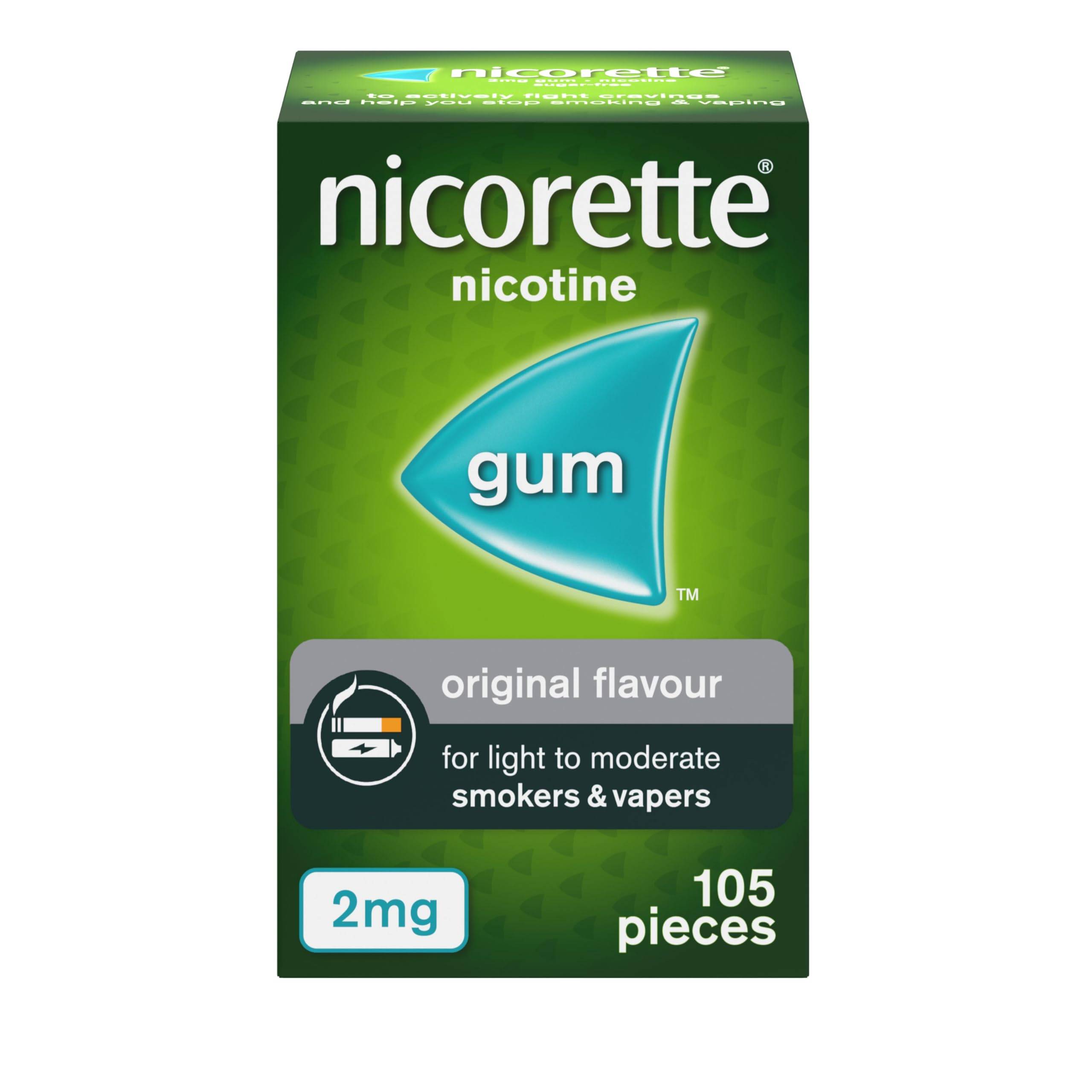 Nicorette 2mg Gum Original Flavour (105 Pieces), Discreet Stop Smoking and Stop Vaping Aid to Help you Quit For Good, Tackle Cravings and Withdrawal Symptoms, Nicotine Gum (Quit Smoking or Vaping)