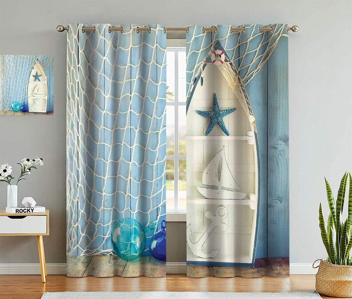 Nautical Window Curtain Panels, Sea Objects on Wooden Backdrop with