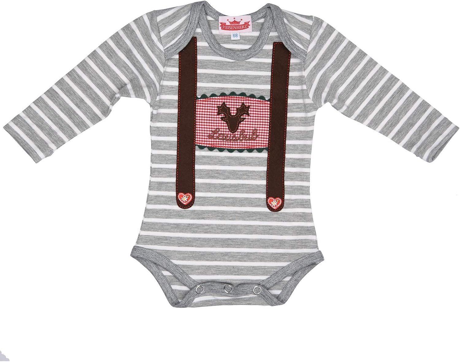 Iron Heart Baby Body Long Sleeve Romper Grey White Rascal and Deer Head with Braces Application in Different Sizes, Grey-White, 62