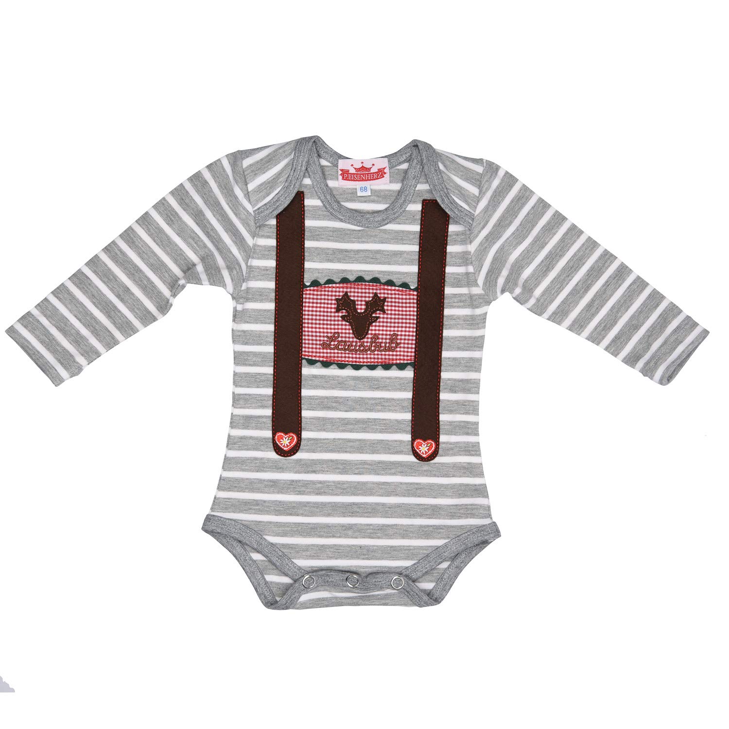 Iron Heart Baby Body Long Sleeve Romper Grey White Rascal and Deer Head with Braces Application in Different Sizes, Grey-White, 62