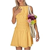 MakeMeChic Women's Summer Shirred Crew Neck Tank Dress Sleeveless High Waisted Mini Dresses