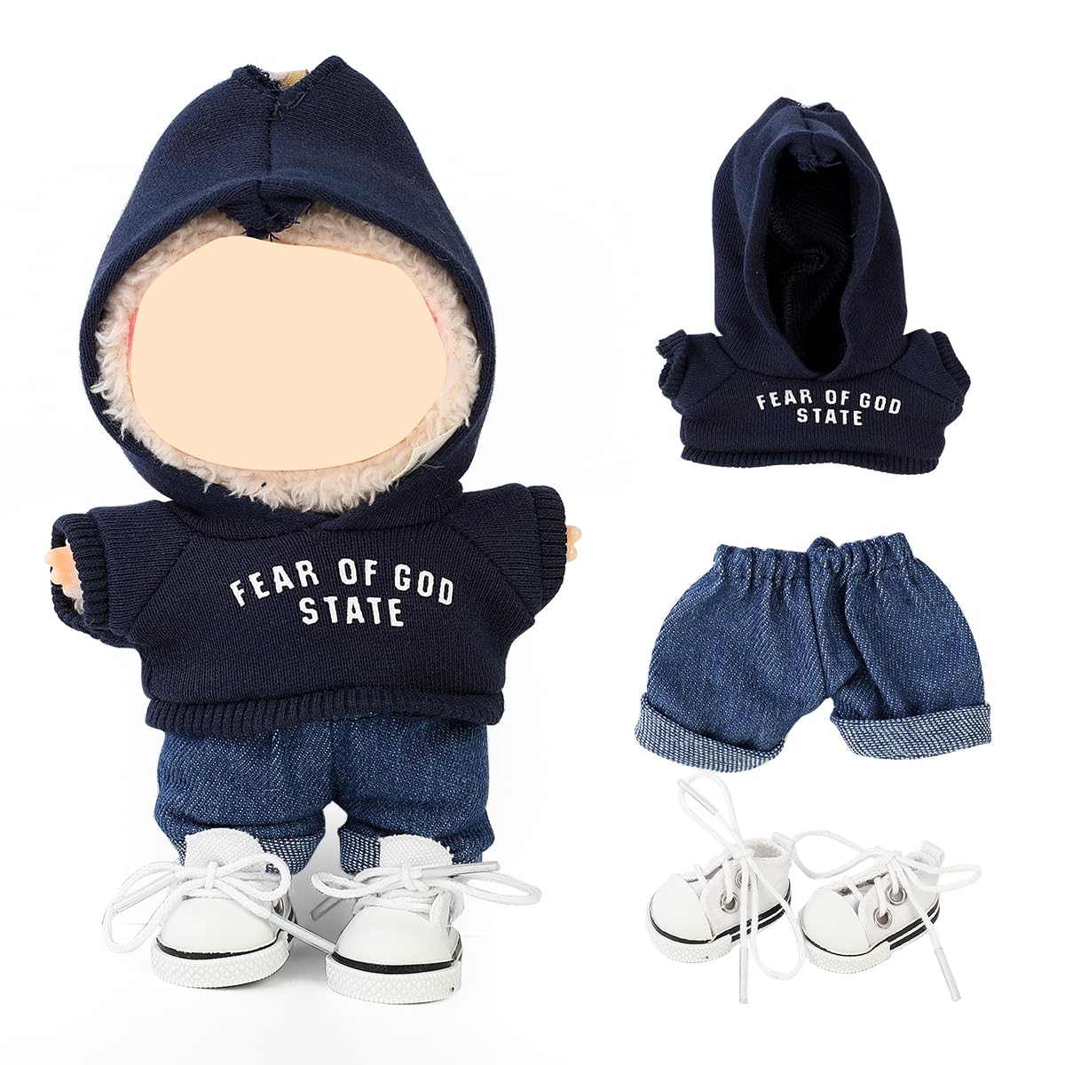 LEWOTE Clothes Set Compatible for Labubu Doll, Hat Suit Ornaments Accessories Set for 17cm/6.7inch Doll (Dark Blue Hoodie/Jeans/Canvas Shoes) — image 1