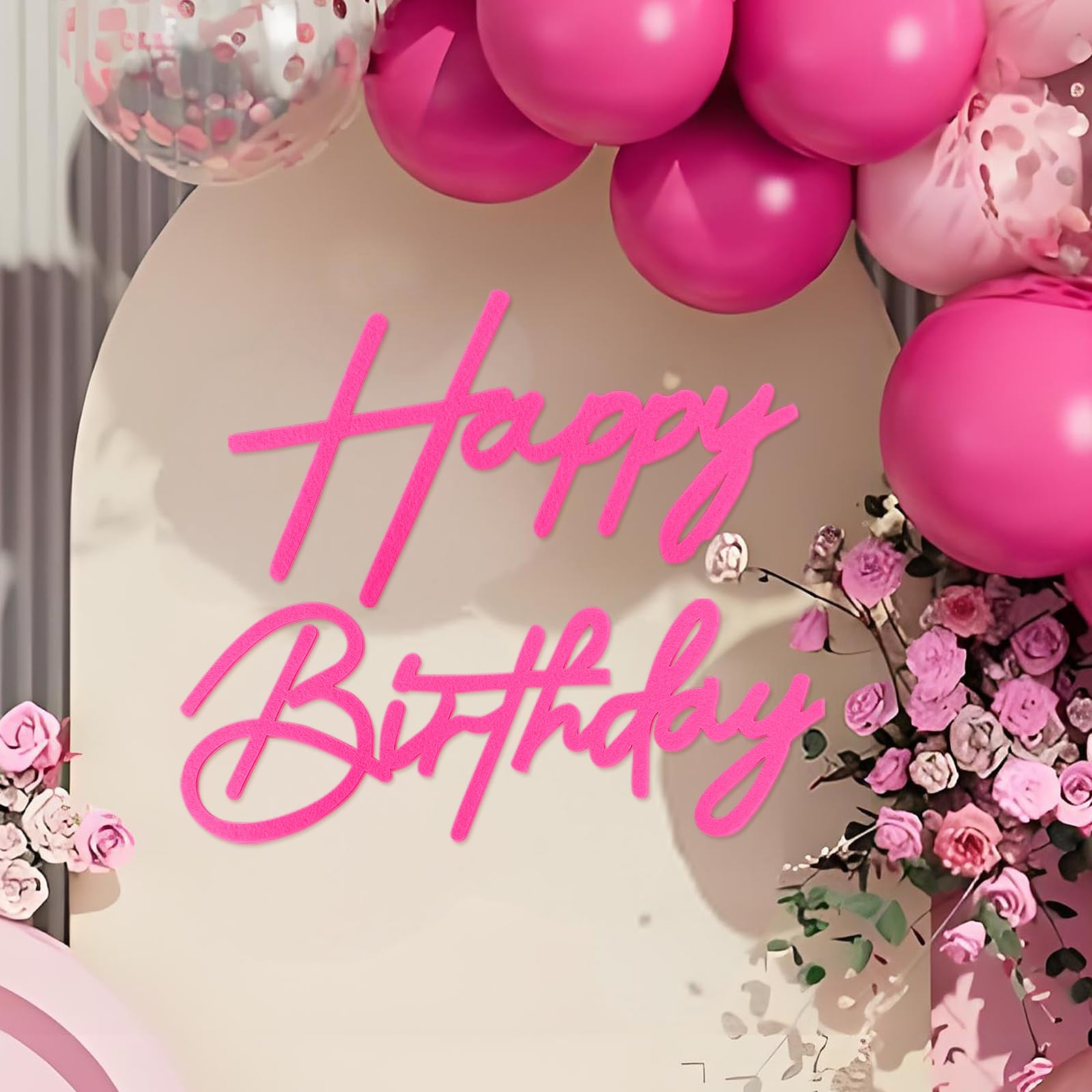 Photo 1 of MASTRON Happy Birthday Sign for Backdrop - Hot Pink Felt 'Happy Birthday' Letter Sign for Balloon Arch Backdrop Decorations