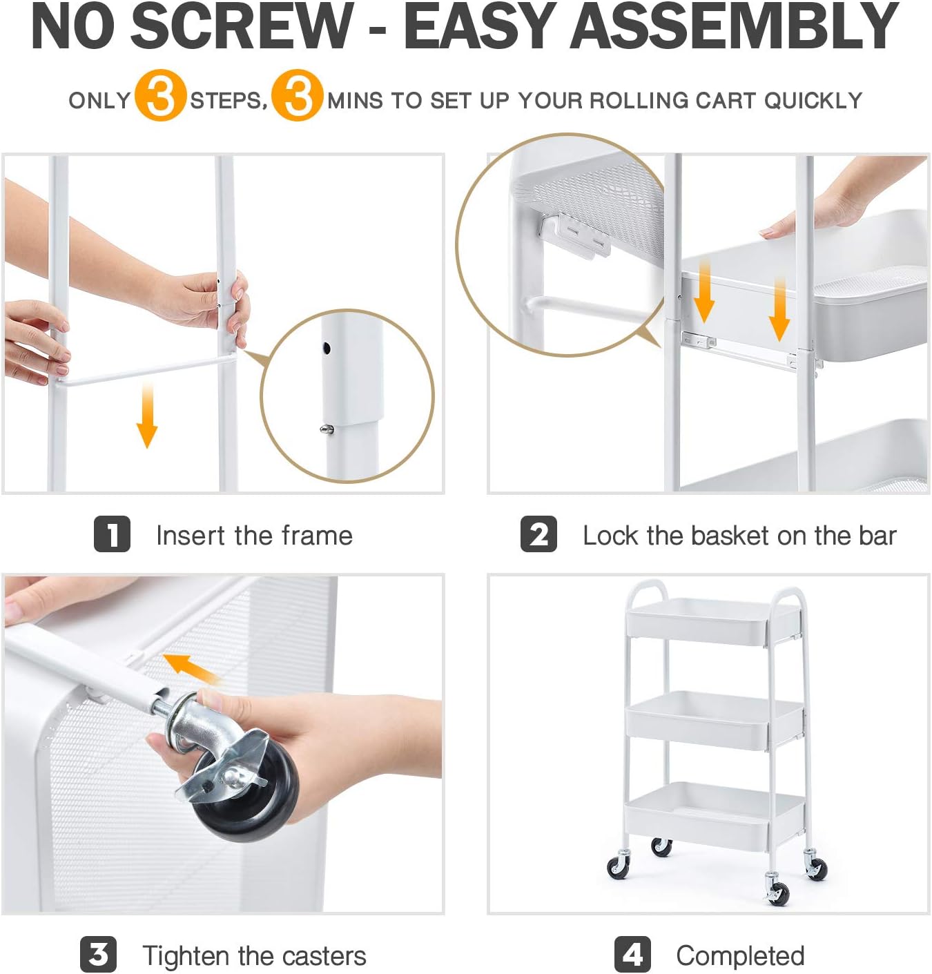 TOOLF 3 Tier Rolling Cart, No Screw Metal Utility Cart, Easy Assemble Utility Serving Cart, Sturdy Storage Trolley with Handles, Locking Wheels, for Classroom Office Home Bedroom Bathroom, White : Office Products